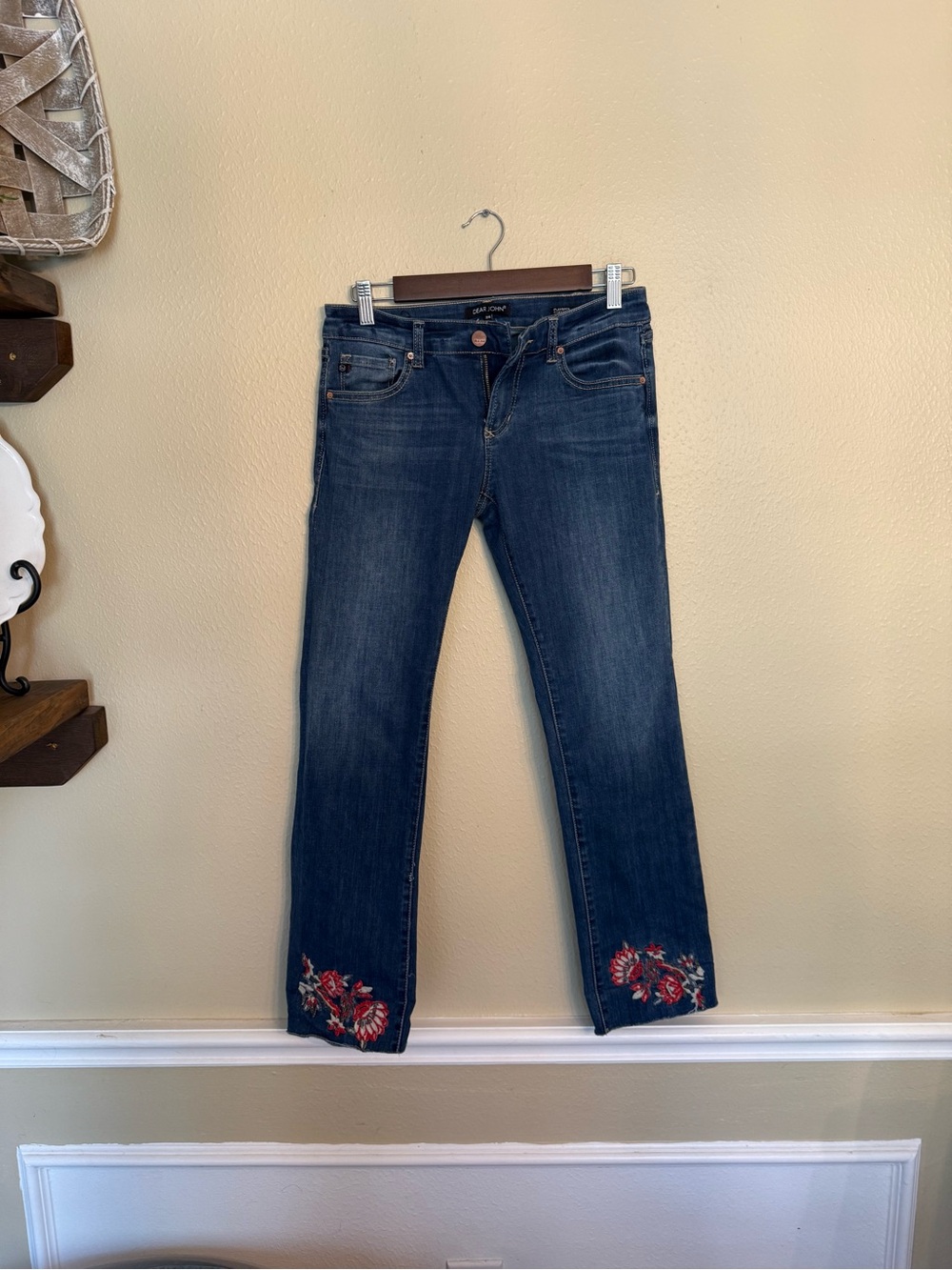 Dear John Dark Blue Straight Leg Jeans with Floral Embroidered Hem